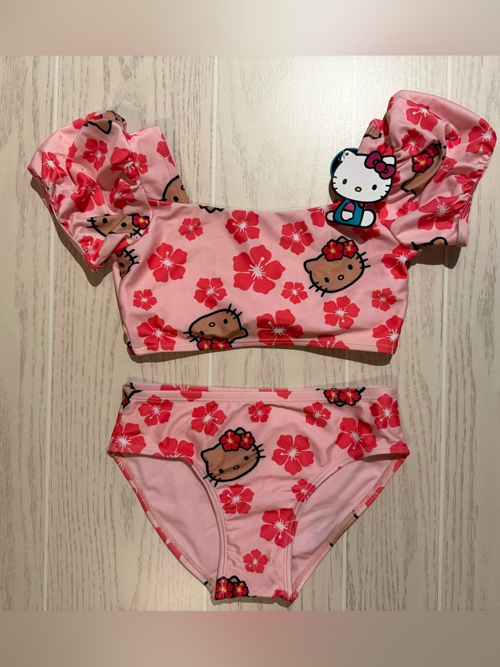 Hello Kitty Sanrio Girls M 7/8 Pink Floral 2 Piece Swimsuit NWT